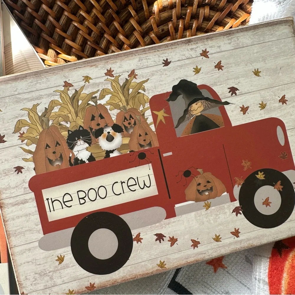 Halloween The Boo Crew Chunky Truck Wooden Sign and Happy Halloween Towel Lot